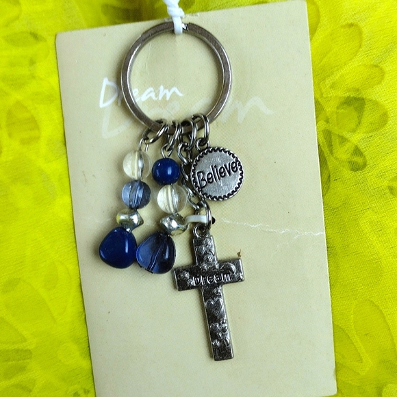 NWT Dream silver tone cross keychain with blue polished stones - Picture 3 of 4